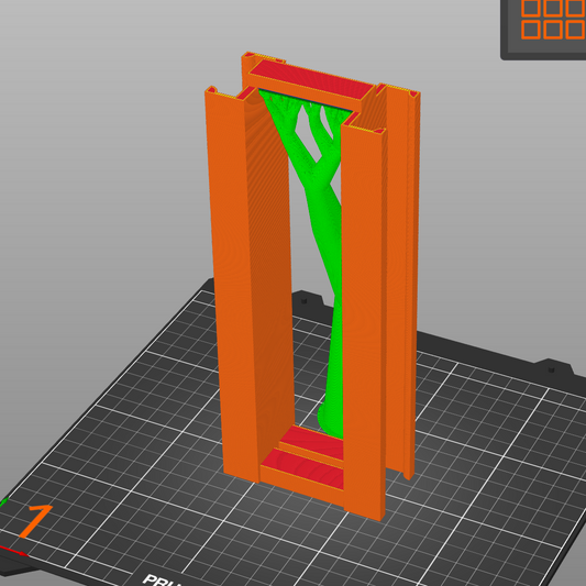 A screenshot of a 3D printing software interface showing a vertical orange and green frame print on a black grid bed, with a right-side control panel and a macOS dock at the bottom.